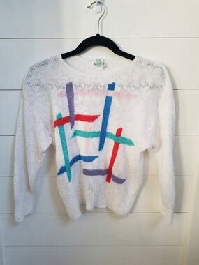 Hot Jazz by Christina Size L Abstract Block Knit 80s Style Sweater Ramie Cotton